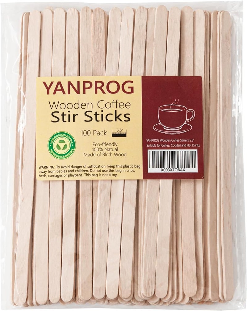 YANPROG Wooden Coffee Stirrers 5.5" Coffee Stir Sticks 100 Pcs, Natural Birch Round End Thick Birch Wood Eco-Friendly， Suitable for Coffee, Cocktail and Hot Drinks - Image 1